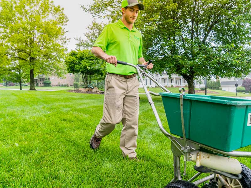 green group employee working on a yard